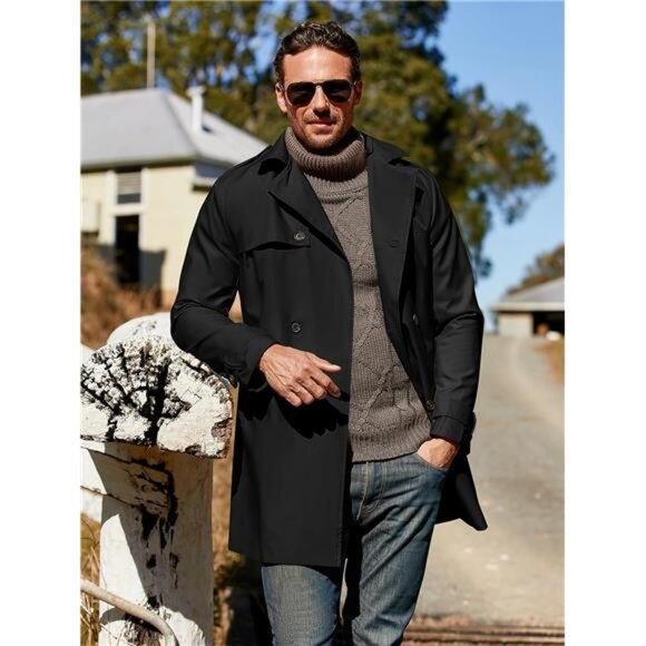 Mens Trench Coat Slim Fit Double Breasted Long Jacket Notched Lapel - Picture 2 of 6